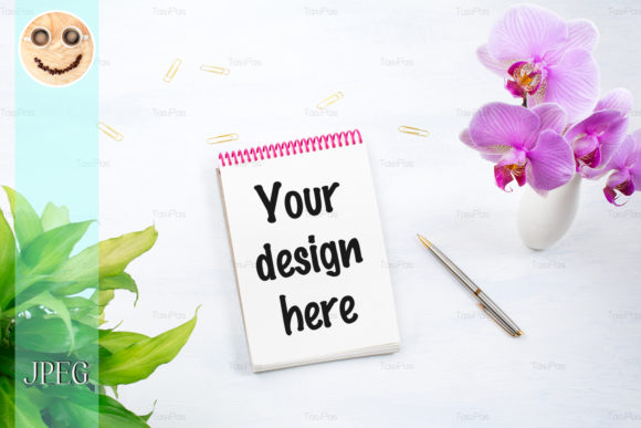 Download Notepad Mockup with Green Plant, Orhid - Premium Resources